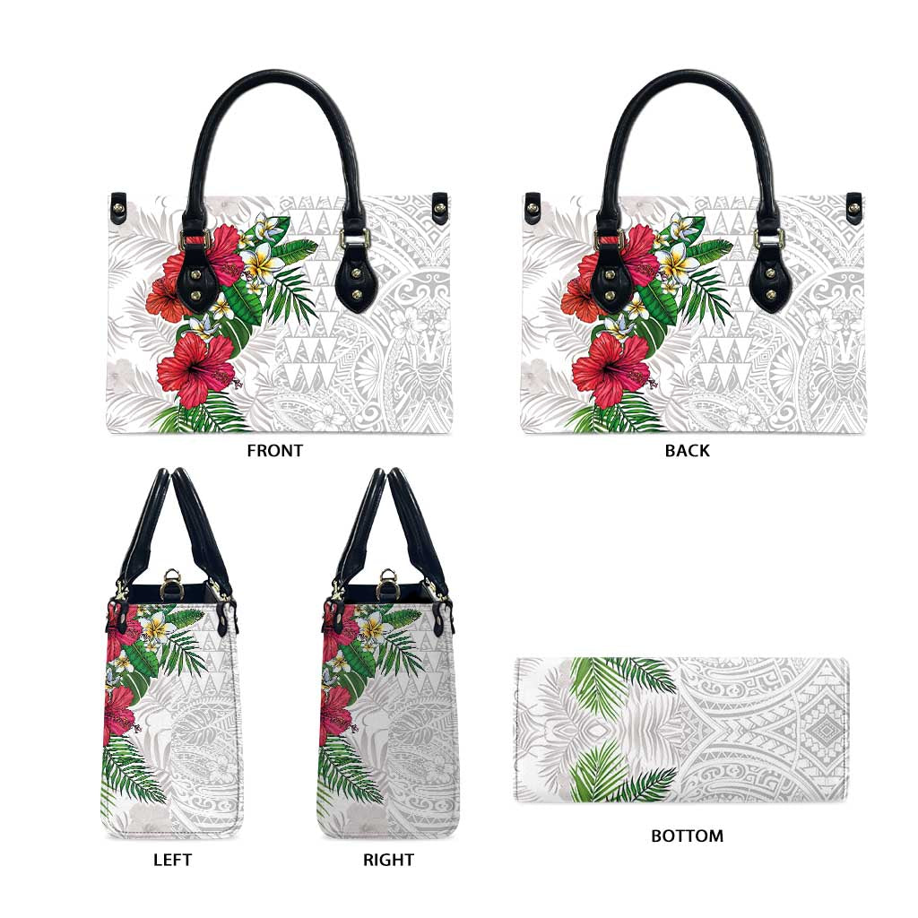 Hawaiian Tropical Plants Leather Bag Kakau Tattoo and Polynesian Pattern Half White Color