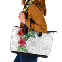 Hawaiian Tropical Plants Leather Tote Bag Kakau Tattoo and Polynesian Pattern Half White Color