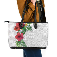 Hawaiian Tropical Plants Leather Tote Bag Kakau Tattoo and Polynesian Pattern Half White Color