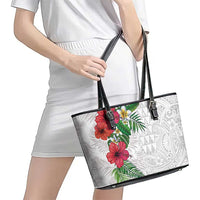 Hawaiian Tropical Plants Leather Tote Bag Kakau Tattoo and Polynesian Pattern Half White Color