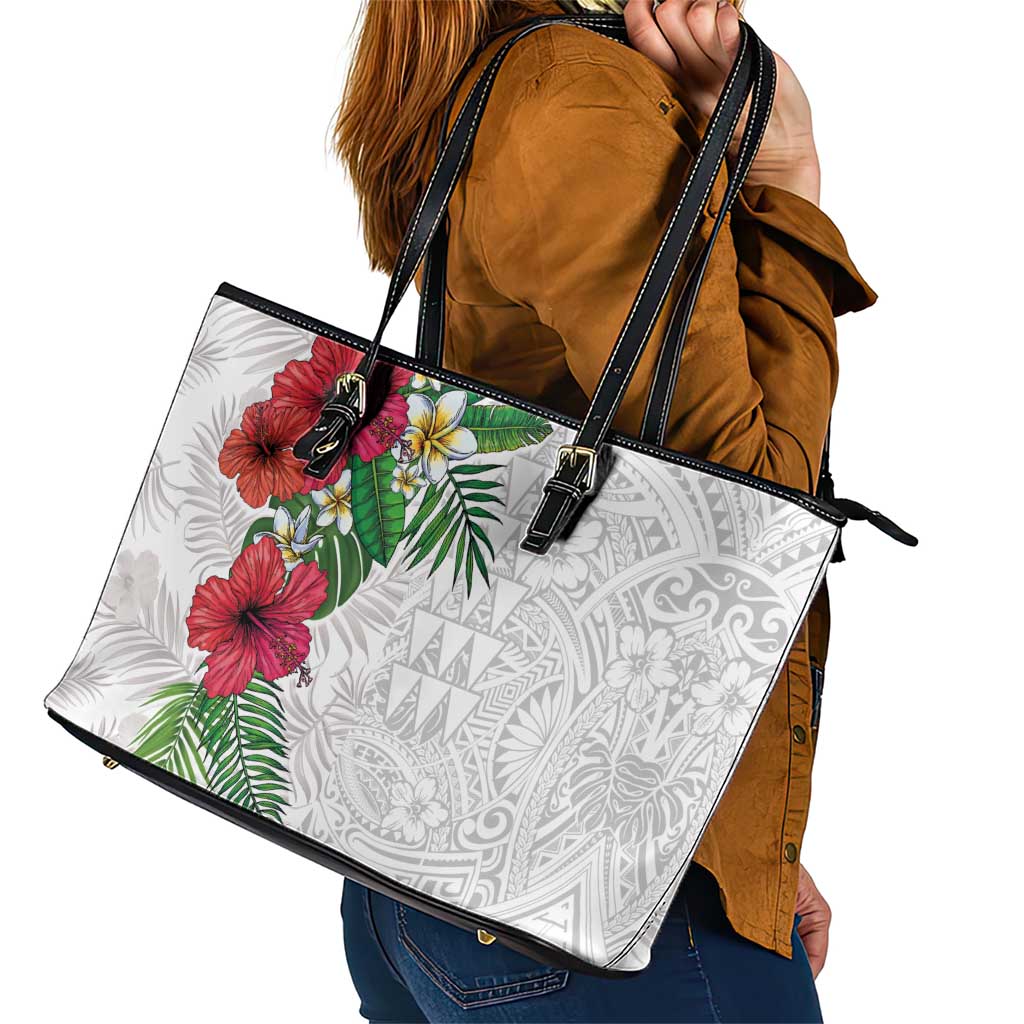 Hawaiian Tropical Plants Leather Tote Bag Kakau Tattoo and Polynesian Pattern Half White Color