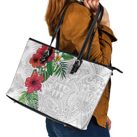 Hawaiian Tropical Plants Leather Tote Bag Kakau Tattoo and Polynesian Pattern Half White Color