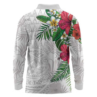 Hawaiian Tropical Plants Long Sleeve Polo Shirt Kakau Tattoo and Polynesian Pattern Half White Color