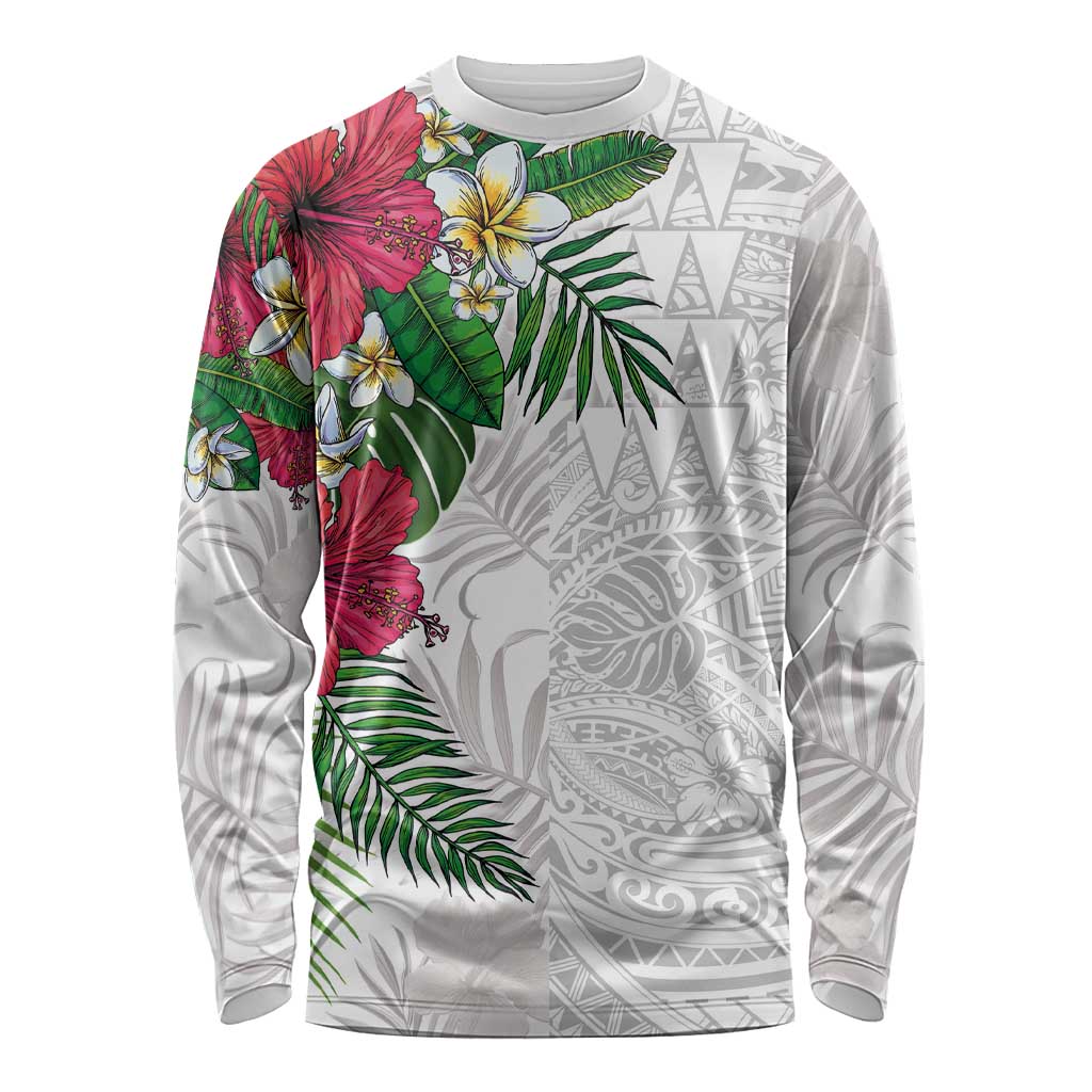 Hawaiian Tropical Plants Long Sleeve Shirt Kakau Tattoo and Polynesian Pattern Half White Color LT03 Unisex White - Polynesian Pride