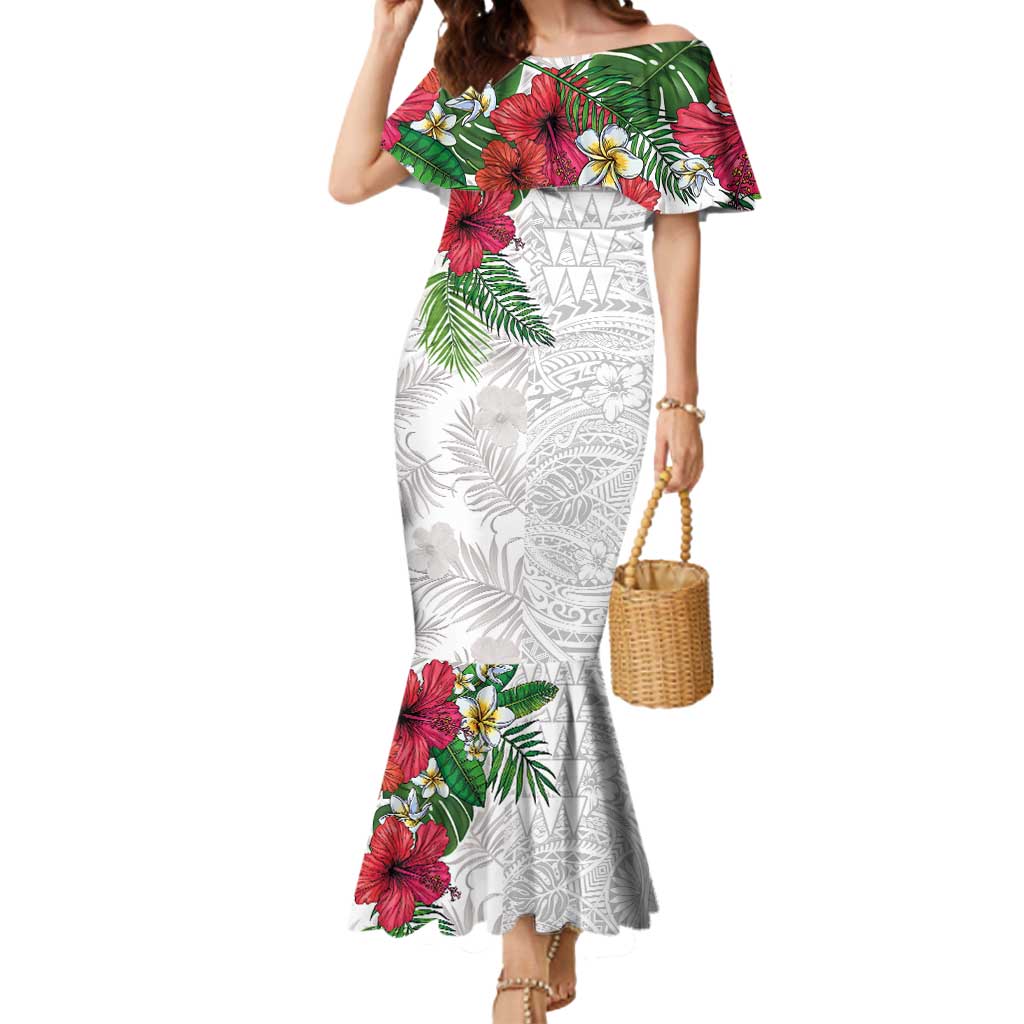Hawaiian Tropical Plants Mermaid Dress Kakau Tattoo and Polynesian Pattern Half White Color