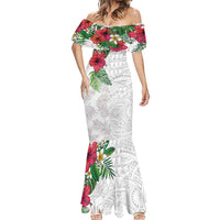 Hawaiian Tropical Plants Mermaid Dress Kakau Tattoo and Polynesian Pattern Half White Color