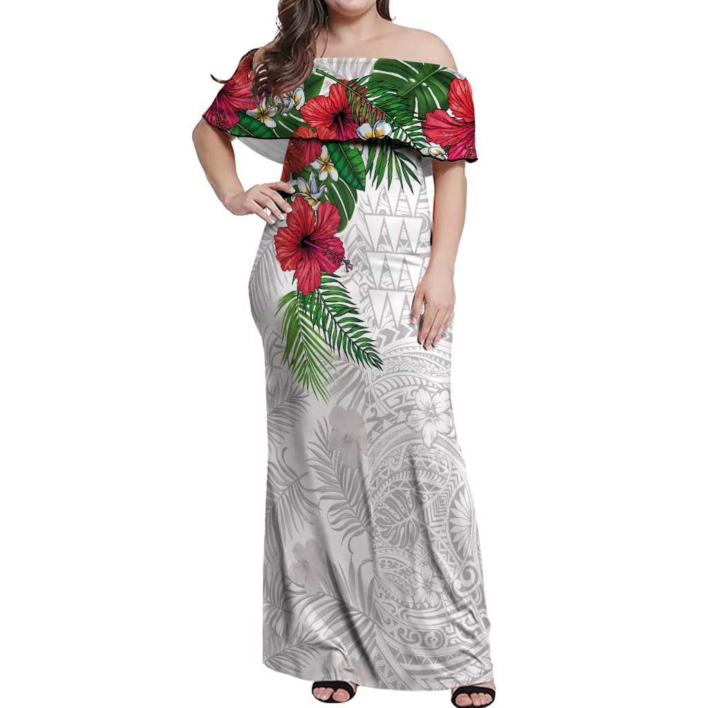 Hawaiian Tropical Plants Off Shoulder Maxi Dress Kakau Tattoo and Polynesian Pattern Half White Color LT03 Women White - Polynesian Pride