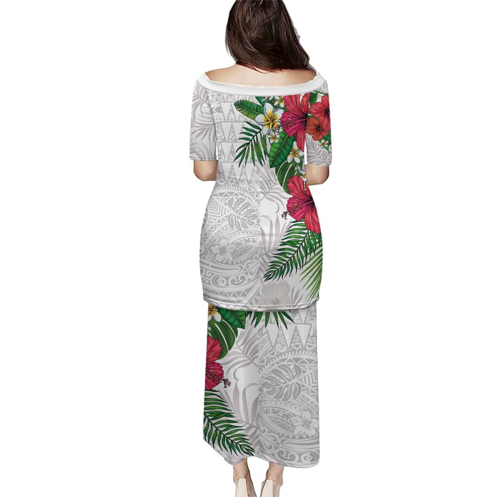 Hawaiian Tropical Plants Puletasi Kakau Tattoo and Polynesian Pattern Half White Color