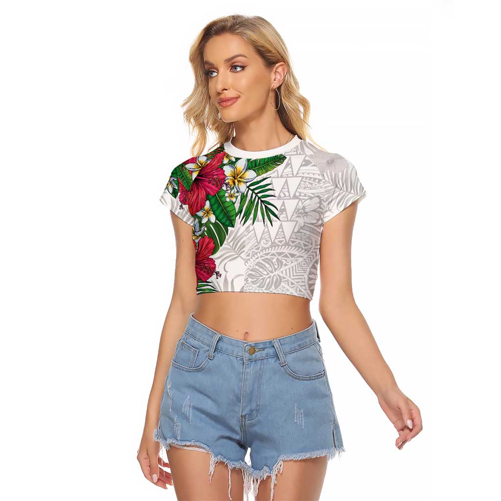 Hawaiian Tropical Plants Raglan Cropped T Shirt Kakau Tattoo and Polynesian Pattern Half White Color