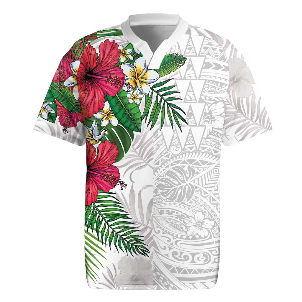 Hawaiian Tropical Plants Rugby Jersey Kakau Tattoo and Polynesian Pattern Half White Color