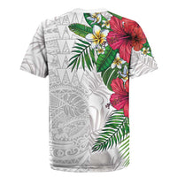 Hawaiian Tropical Plants Rugby Jersey Kakau Tattoo and Polynesian Pattern Half White Color