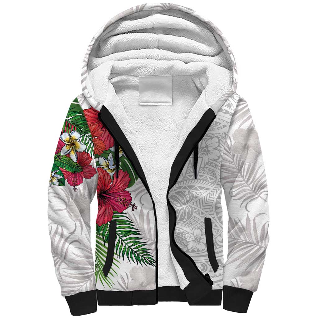 Hawaiian Tropical Plants Sherpa Hoodie Kakau Tattoo and Polynesian Pattern Half White Color