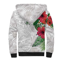 Hawaiian Tropical Plants Sherpa Hoodie Kakau Tattoo and Polynesian Pattern Half White Color