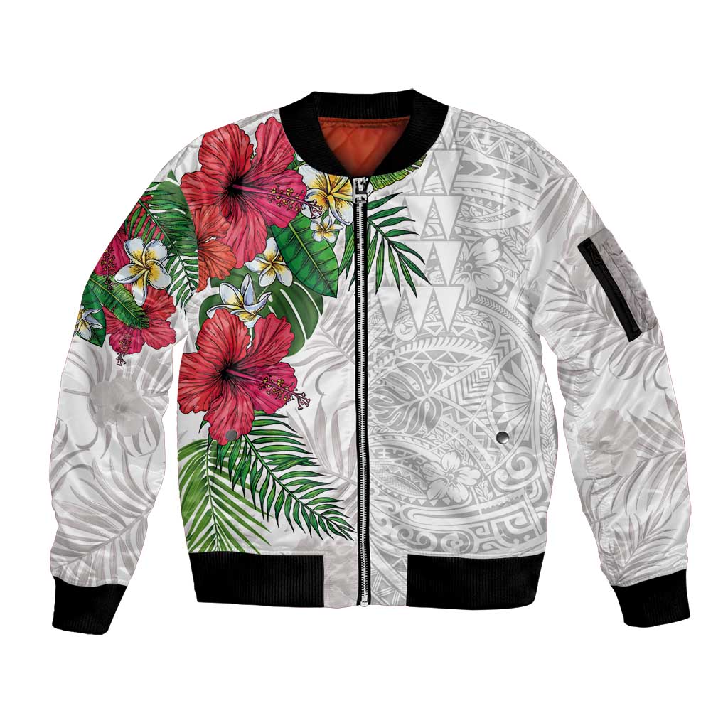 Hawaiian Tropical Plants Sleeve Zip Bomber Jacket Kakau Tattoo and Polynesian Pattern Half White Color LT03 Unisex White - Polynesian Pride