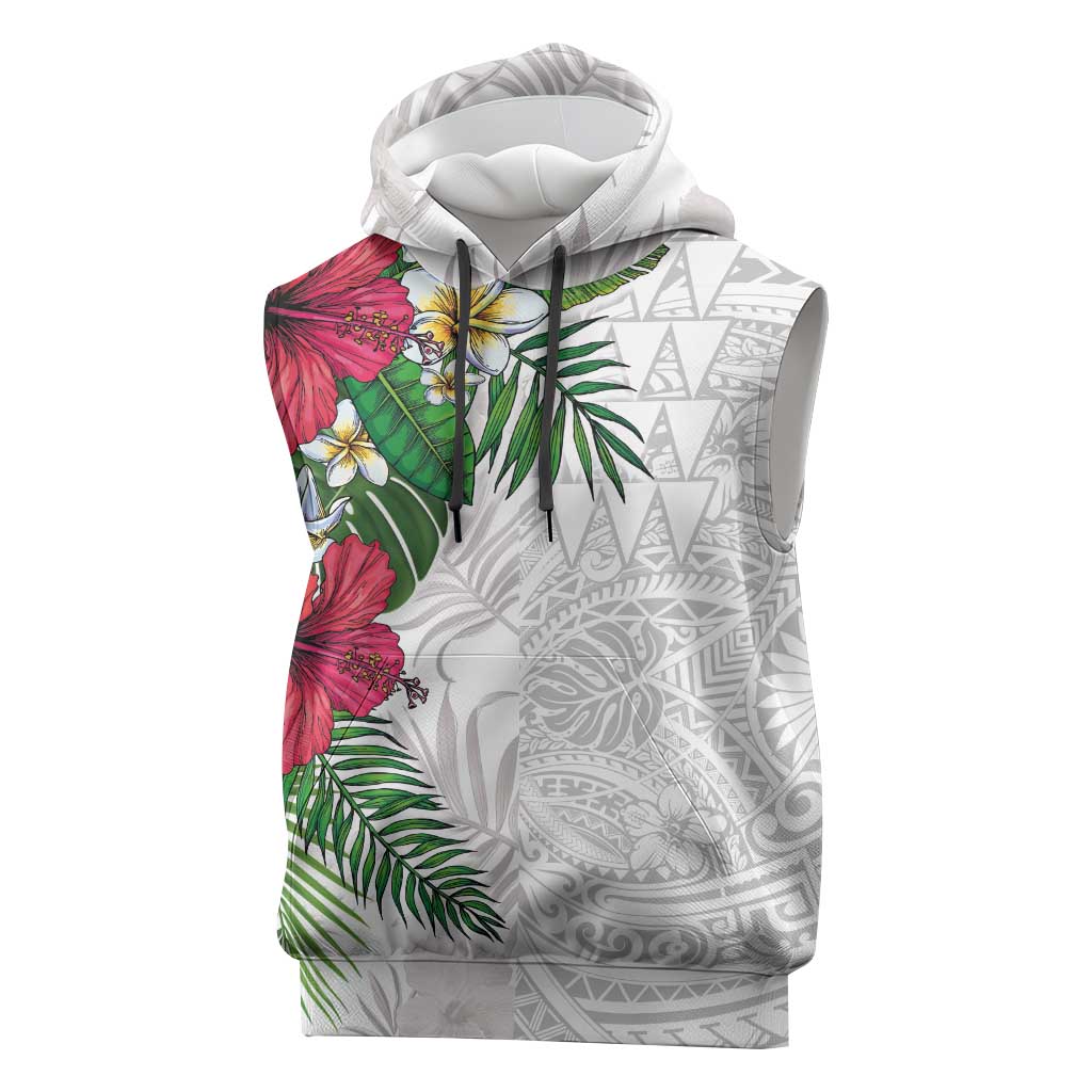 Hawaiian Tropical Plants Sleeveless Hoodie Kakau Tattoo and Polynesian Pattern Half White Color LT03 White - Polynesian Pride