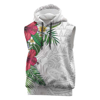 Hawaiian Tropical Plants Sleeveless Hoodie Kakau Tattoo and Polynesian Pattern Half White Color LT03 White - Polynesian Pride