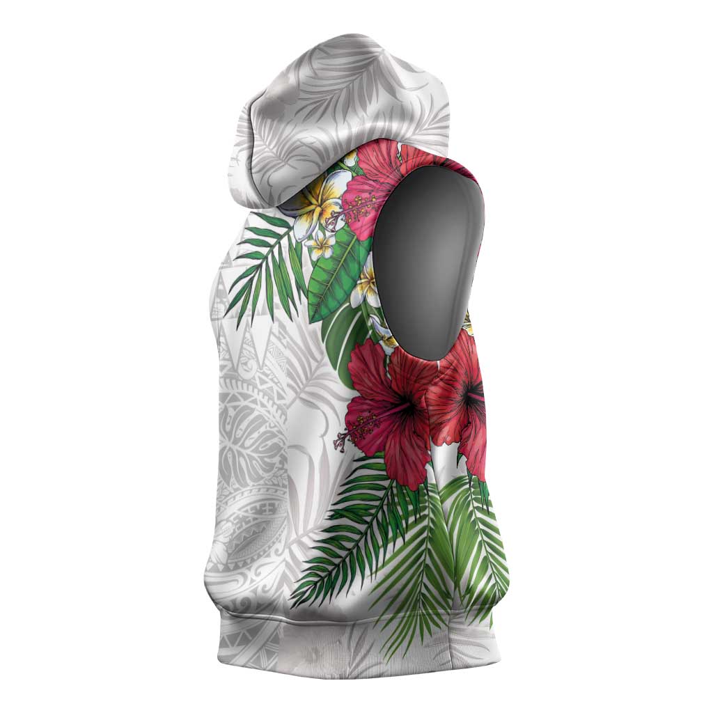 Hawaiian Tropical Plants Sleeveless Hoodie Kakau Tattoo and Polynesian Pattern Half White Color LT03 - Polynesian Pride