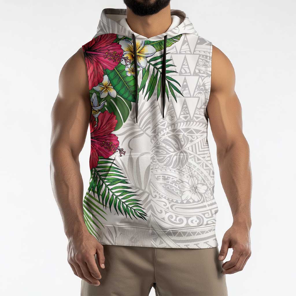Hawaiian Tropical Plants Sleeveless Hoodie Kakau Tattoo and Polynesian Pattern Half White Color LT03 - Polynesian Pride