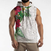 Hawaiian Tropical Plants Sleeveless Hoodie Kakau Tattoo and Polynesian Pattern Half White Color LT03 - Polynesian Pride