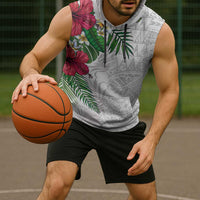 Hawaiian Tropical Plants Sleeveless Hoodie Kakau Tattoo and Polynesian Pattern Half White Color LT03 - Polynesian Pride
