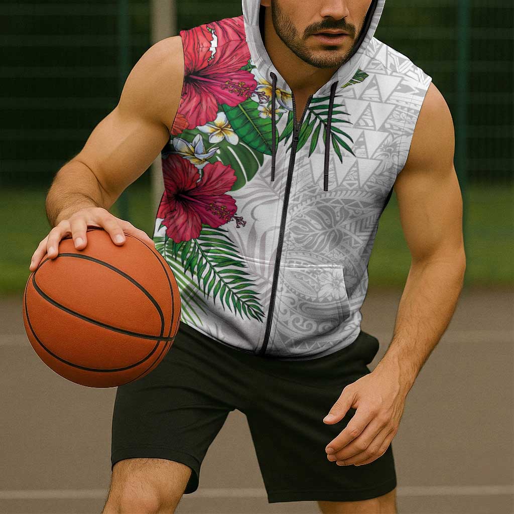 Hawaiian Tropical Plants Sleeveless Zip Hoodie Kakau Tattoo and Polynesian Pattern Half White Color