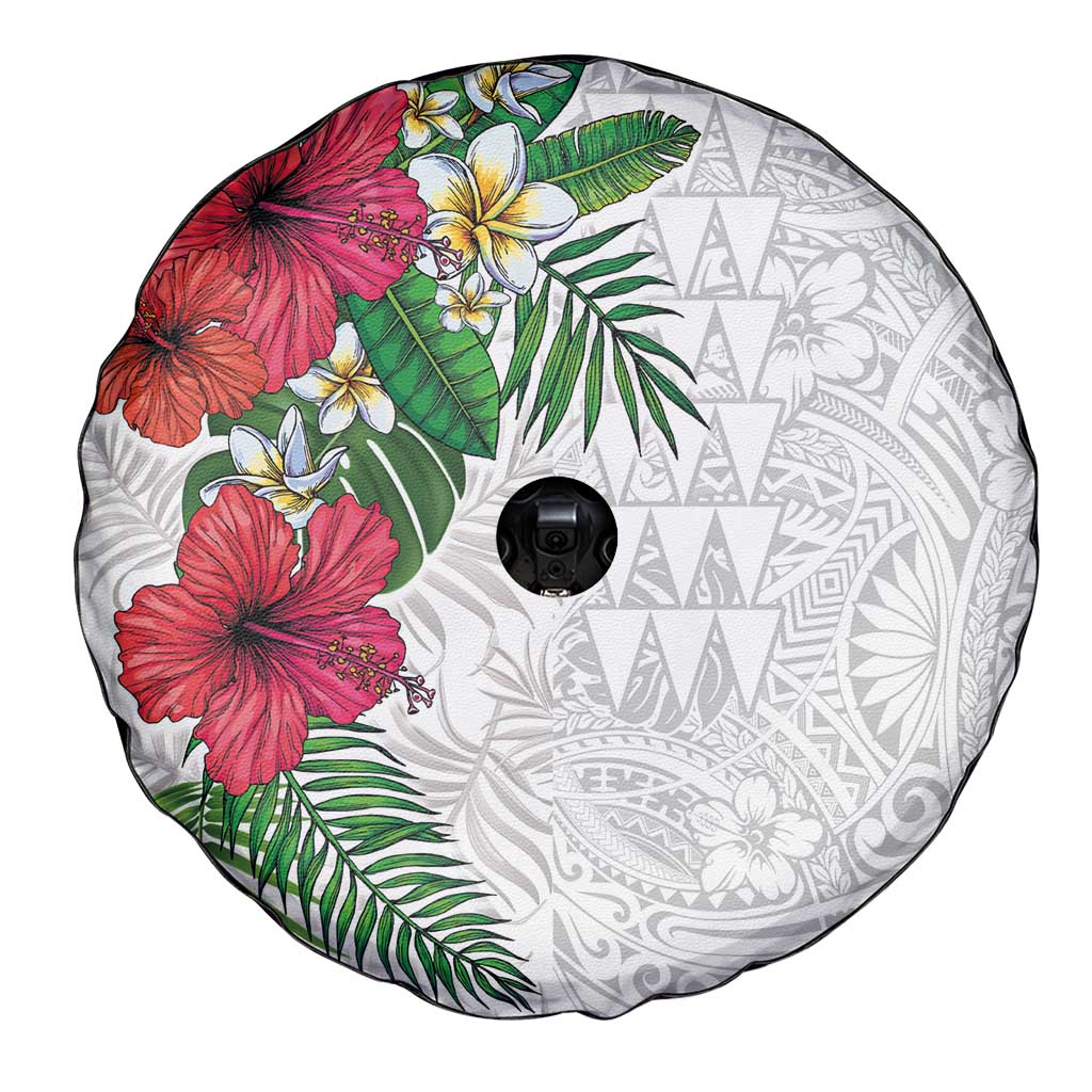 Hawaiian Tropical Plants Spare Tire Cover Kakau Tattoo and Polynesian Pattern Half White Color