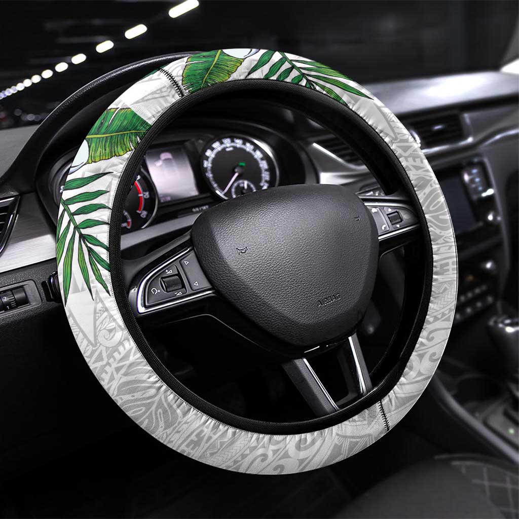 Hawaiian Tropical Plants Steering Wheel Cover Kakau Tattoo and Polynesian Pattern Half White Color LT03 Universal Fit White - Polynesian Pride