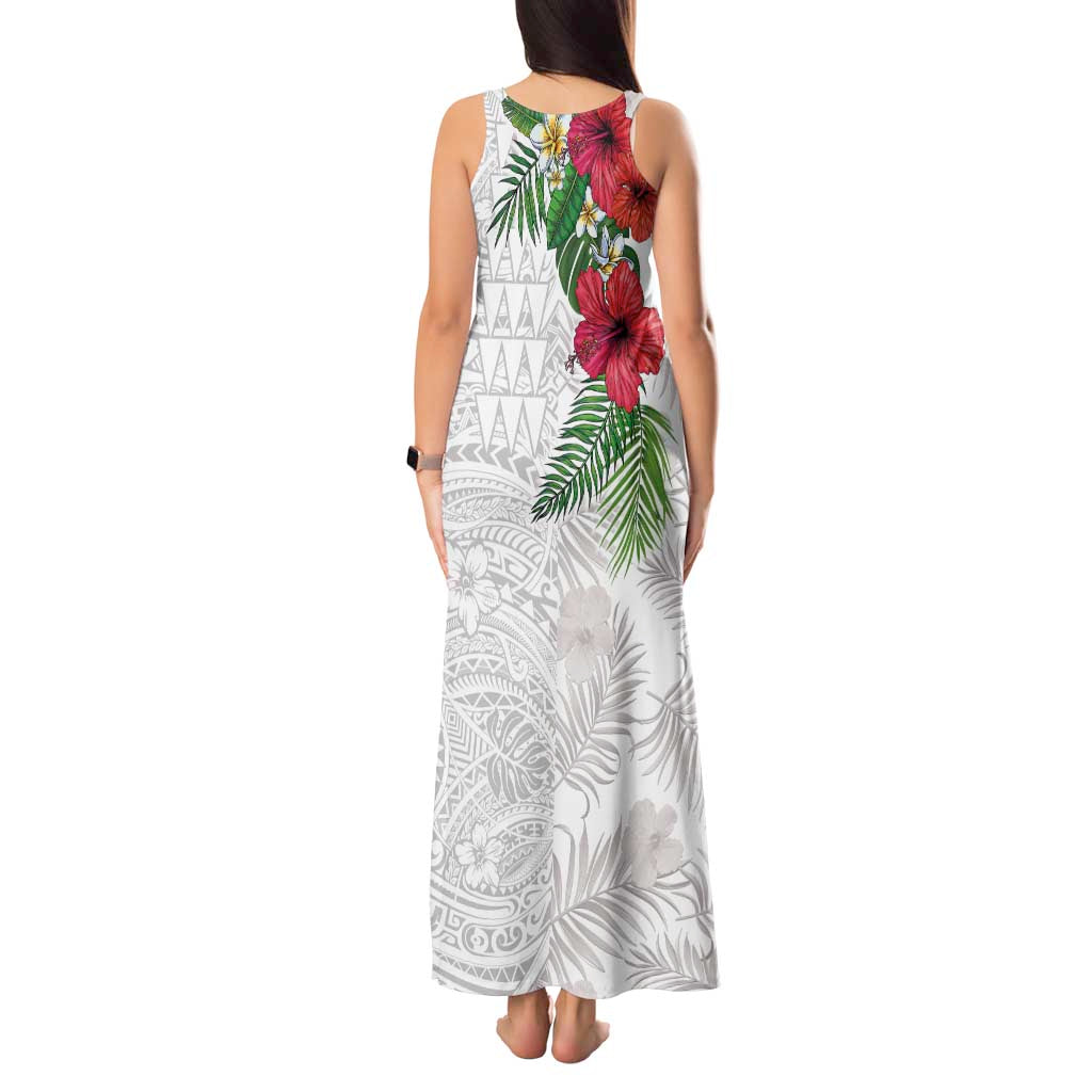 Hawaiian Tropical Plants Tank Maxi Dress Kakau Tattoo and Polynesian Pattern Half White Color LT03 - Polynesian Pride