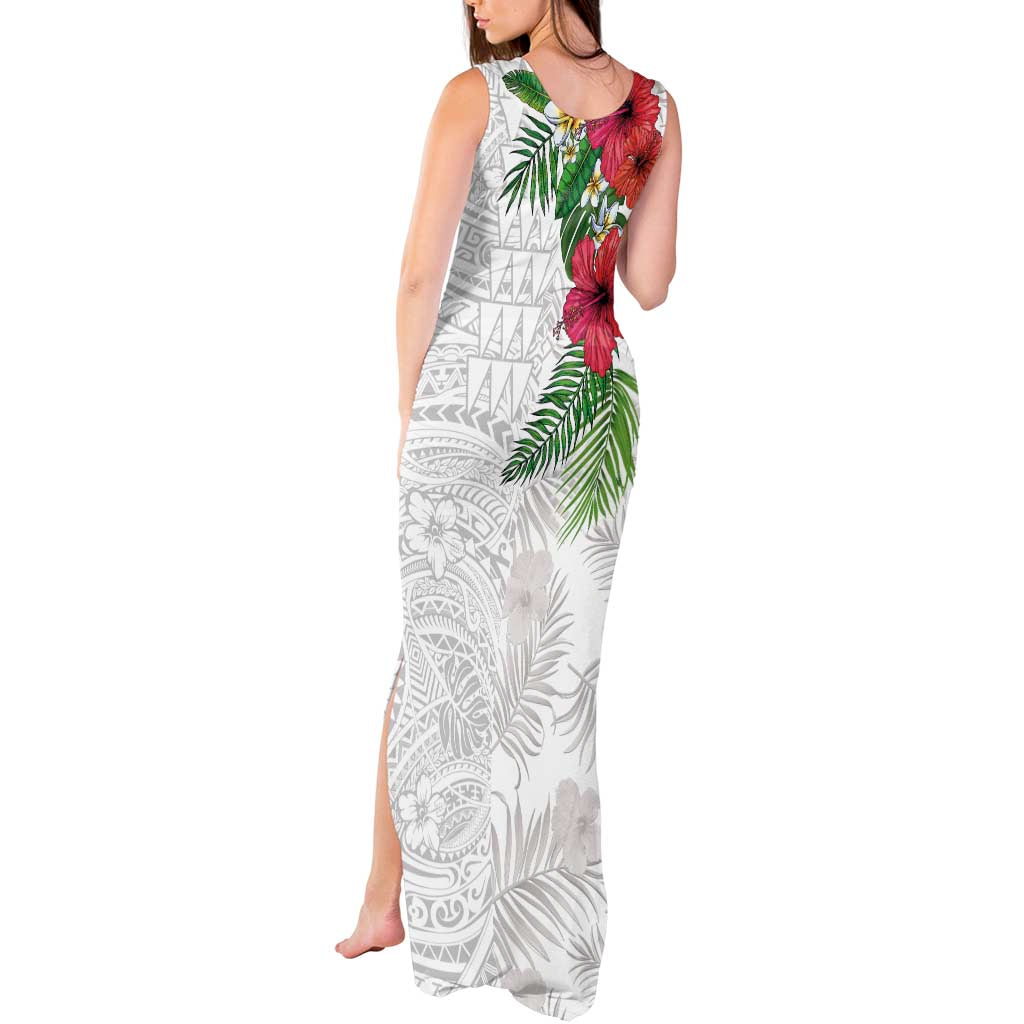 Hawaiian Tropical Plants Tank Maxi Dress Kakau Tattoo and Polynesian Pattern Half White Color LT03 - Polynesian Pride