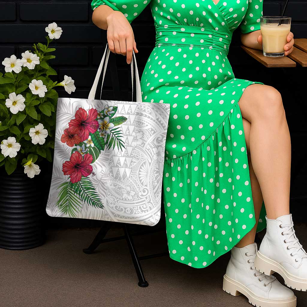 Hawaiian Tropical Plants Tote Bag Kakau Tattoo and Polynesian Pattern Half White Color