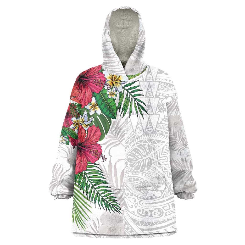 Hawaiian Tropical Plants Wearable Blanket Hoodie Kakau Tattoo and Polynesian Pattern Half White Color
