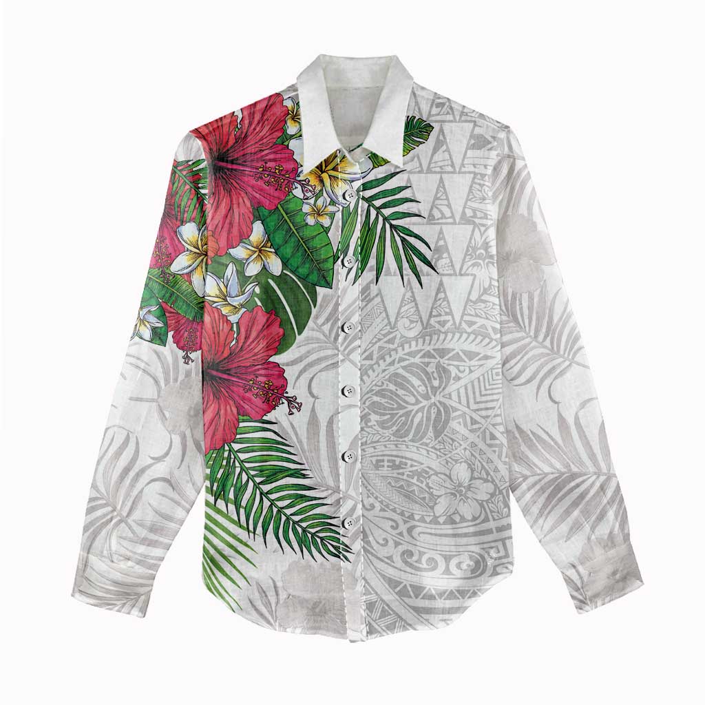 Hawaiian Tropical Plants Women Casual Shirt Kakau Tattoo and Polynesian Pattern Half White Color