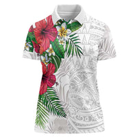 Hawaiian Tropical Plants Women Polo Shirt Kakau Tattoo and Polynesian Pattern Half White Color