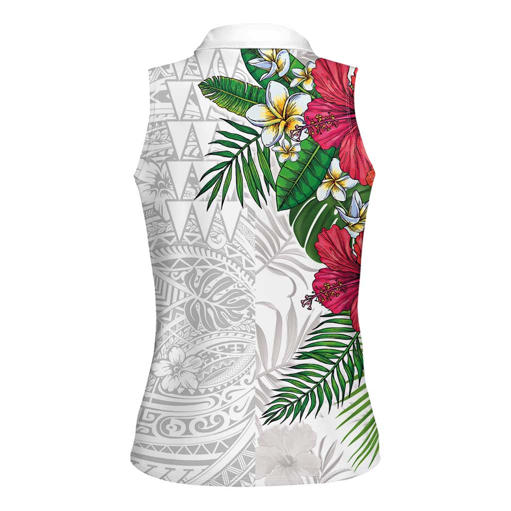 Hawaiian Tropical Plants Women Sleeveless Polo Shirt Kakau Tattoo and Polynesian Pattern Half White Color LT03 - Polynesian Pride