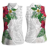 Hawaiian Tropical Plants Women Sleeveless Polo Shirt Kakau Tattoo and Polynesian Pattern Half White Color LT03 - Polynesian Pride
