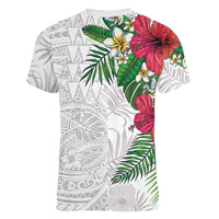 Hawaiian Tropical Plants Women V-Neck T-Shirt Kakau Tattoo and Polynesian Pattern Half White Color LT03 - Polynesian Pride