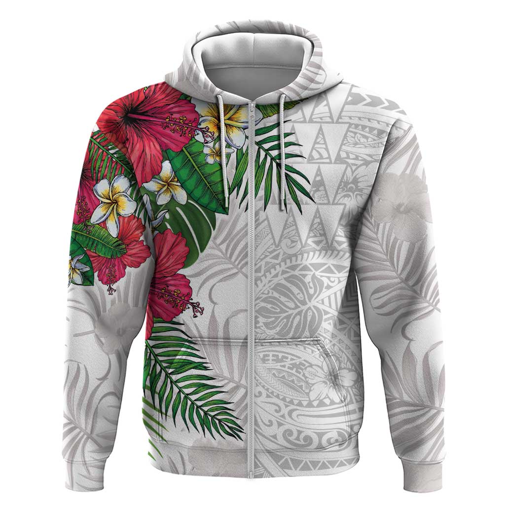 Hawaiian Tropical Plants Zip Hoodie Kakau Tattoo and Polynesian Pattern Half White Color