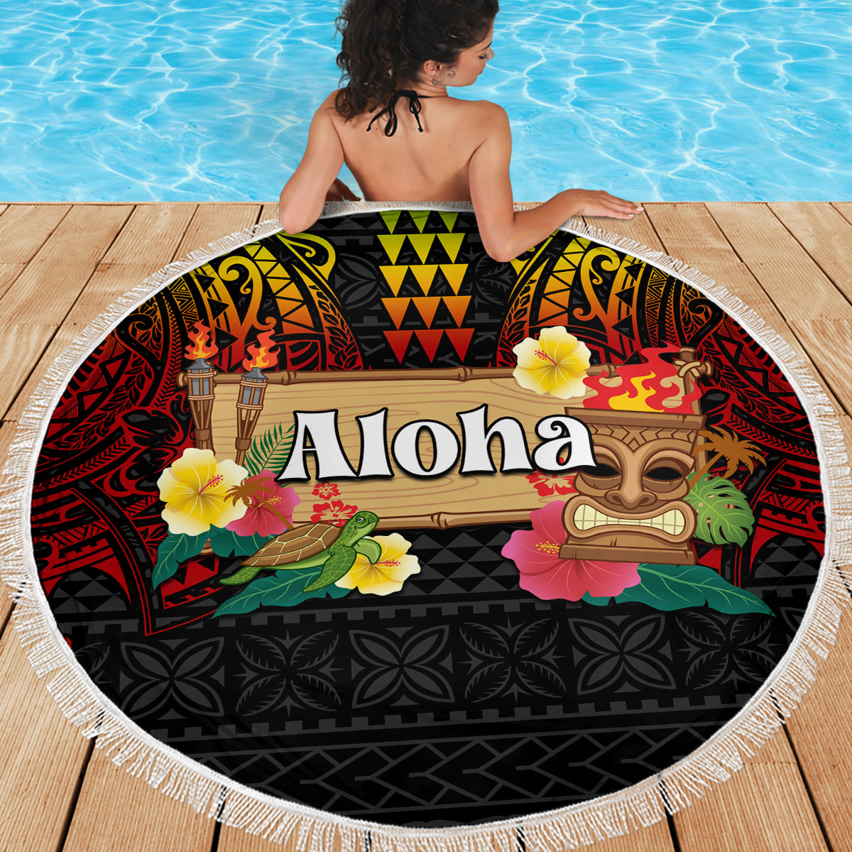 Hawaiian Elements and Polynesian Tattoo Beach Blanket