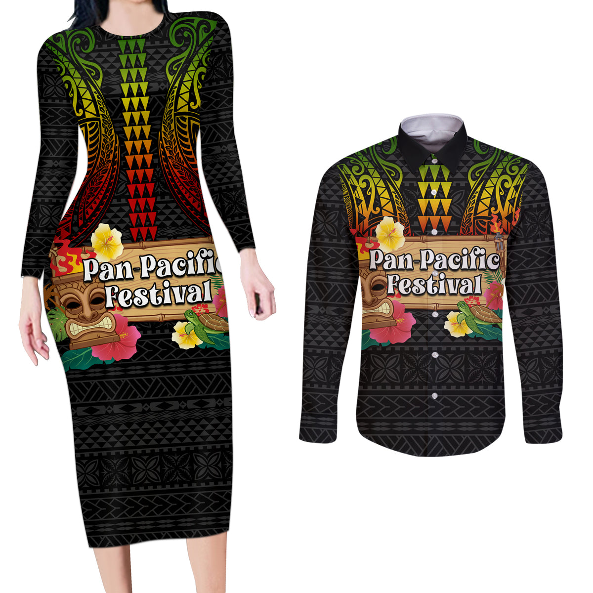 Hawaiian Elements and Polynesian Tattoo Couples Matching Long Sleeve Bodycon Dress and Long Sleeve Button Shirt LT03 Black - Polynesian Pride