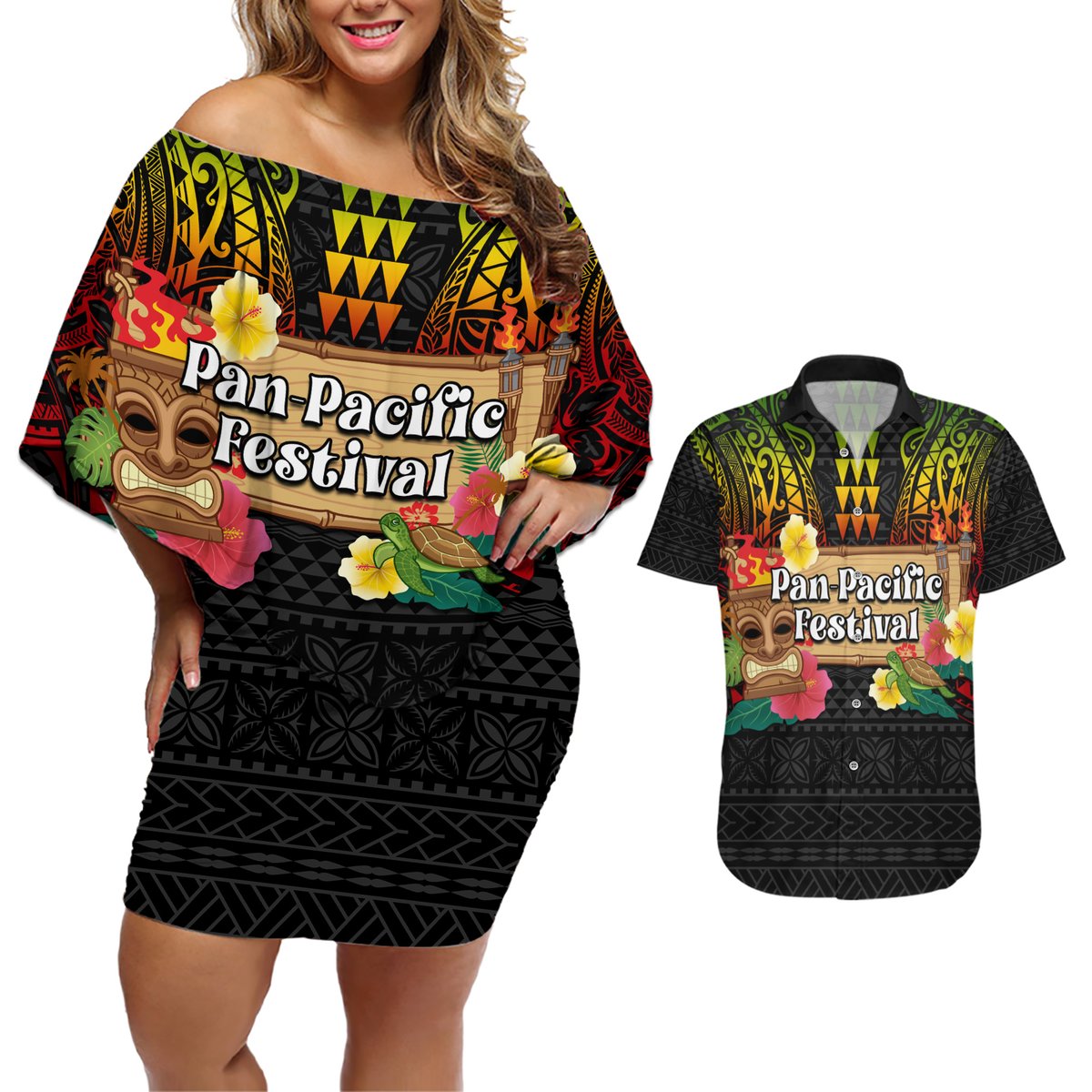 Hawaiian Elements and Polynesian Tattoo Couples Matching Off Shoulder Short Dress and Hawaiian Shirt LT03 Black - Polynesian Pride