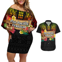 Hawaiian Elements and Polynesian Tattoo Couples Matching Off Shoulder Short Dress and Hawaiian Shirt LT03 Black - Polynesian Pride