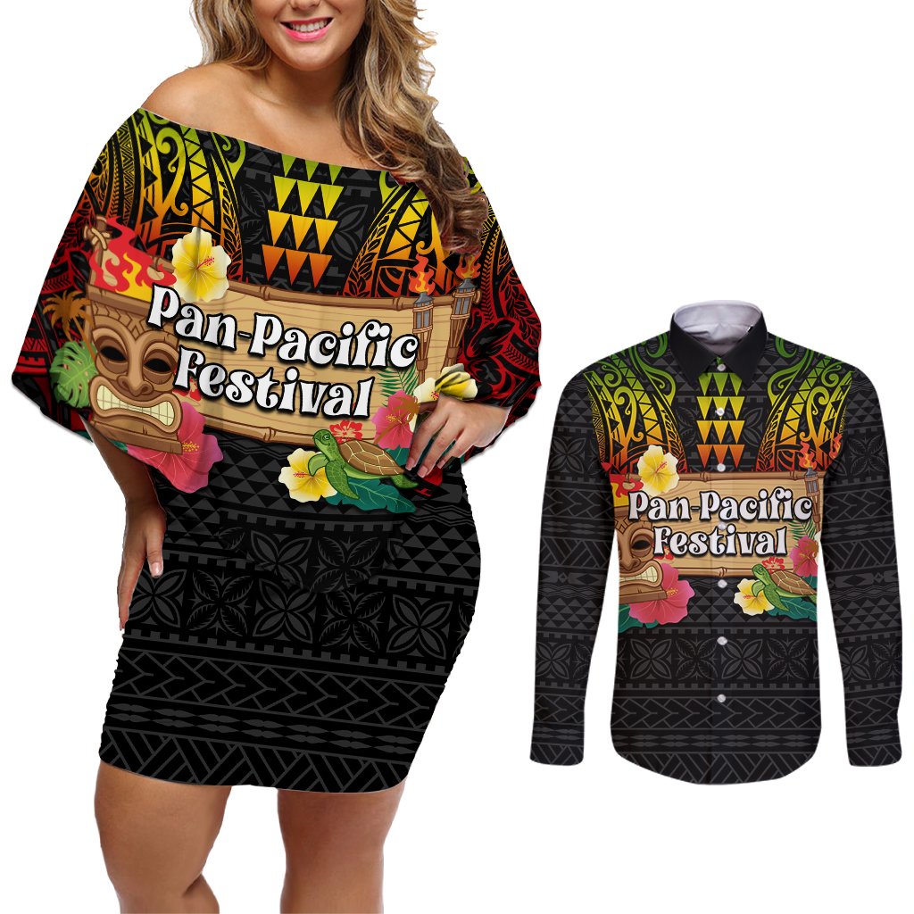 Hawaiian Elements and Polynesian Tattoo Couples Matching Off Shoulder Short Dress and Long Sleeve Button Shirt LT03 Black - Polynesian Pride