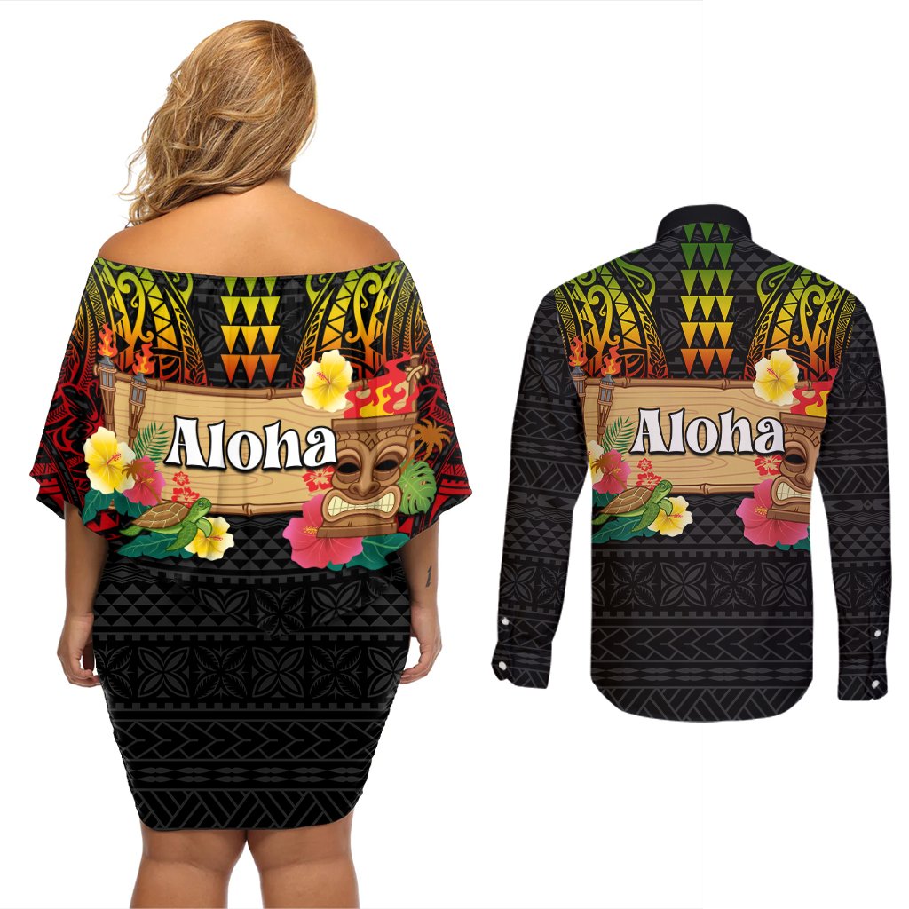 Hawaiian Elements and Polynesian Tattoo Couples Matching Off Shoulder Short Dress and Long Sleeve Button Shirt LT03 - Polynesian Pride