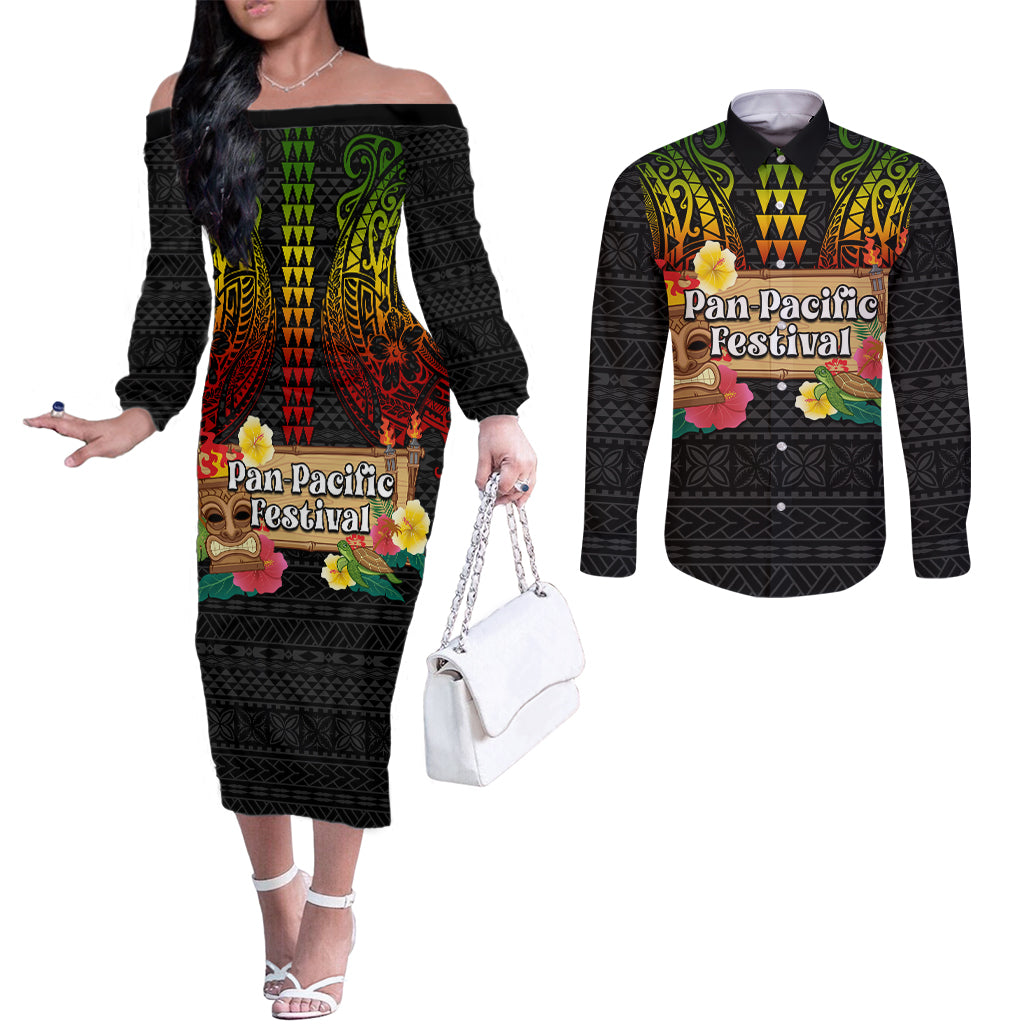 Hawaiian Elements and Polynesian Tattoo Couples Matching Off The Shoulder Long Sleeve Dress and Long Sleeve Button Shirt LT03 Black - Polynesian Pride