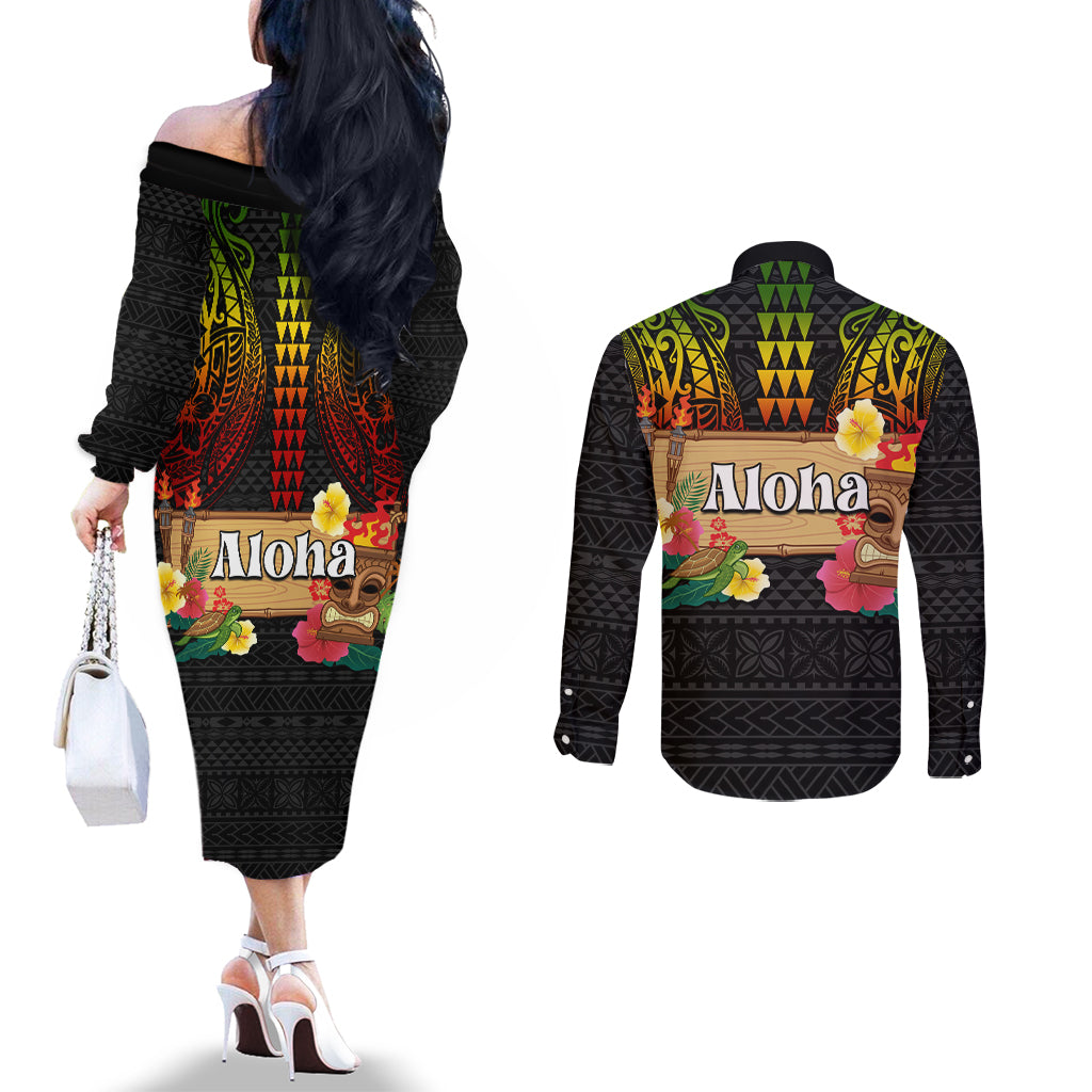 Hawaiian Elements and Polynesian Tattoo Couples Matching Off The Shoulder Long Sleeve Dress and Long Sleeve Button Shirt LT03 - Polynesian Pride