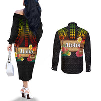 Hawaiian Elements and Polynesian Tattoo Couples Matching Off The Shoulder Long Sleeve Dress and Long Sleeve Button Shirt LT03 - Polynesian Pride