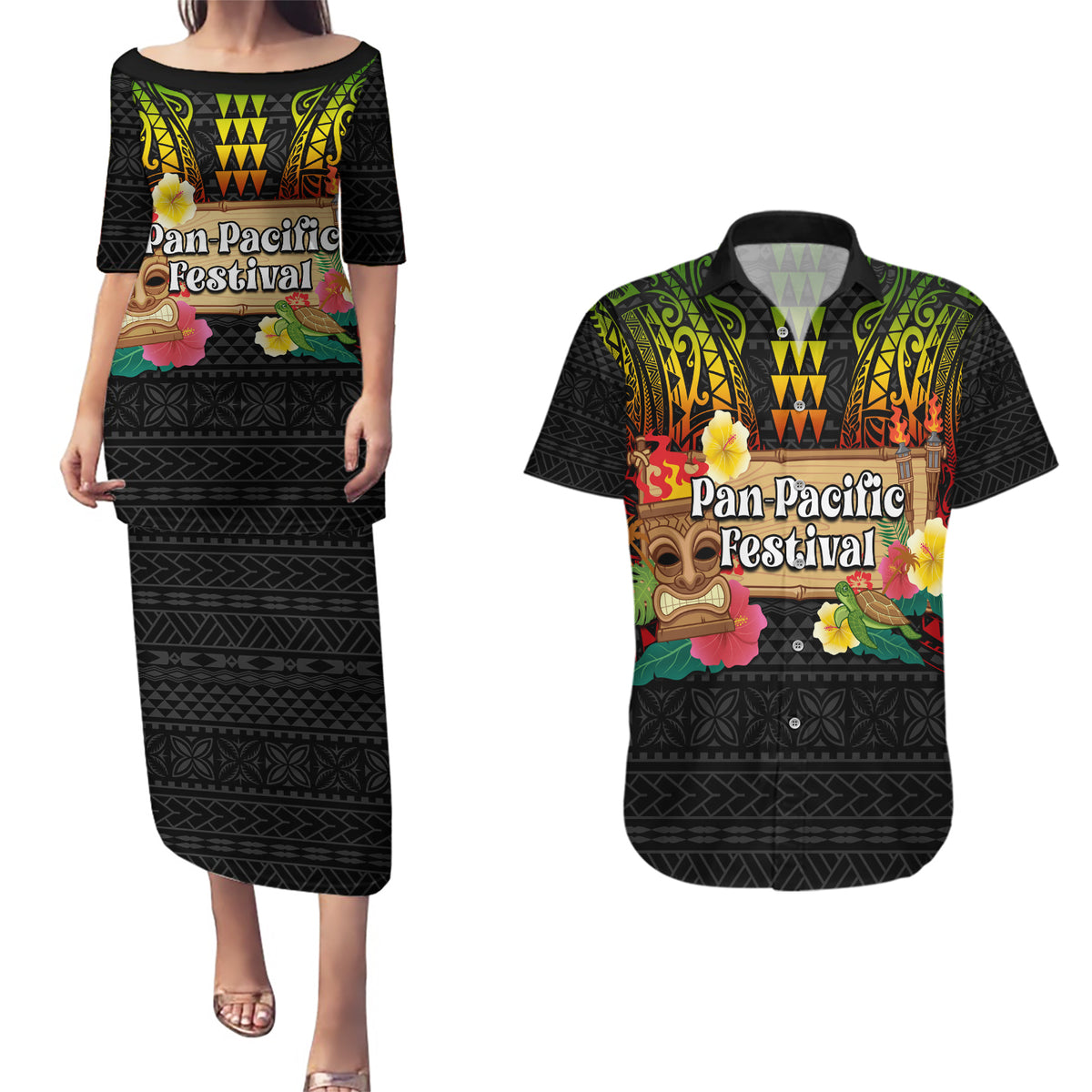 Hawaiian Elements and Polynesian Tattoo Couples Matching Puletasi and Hawaiian Shirt LT03 Black - Polynesian Pride