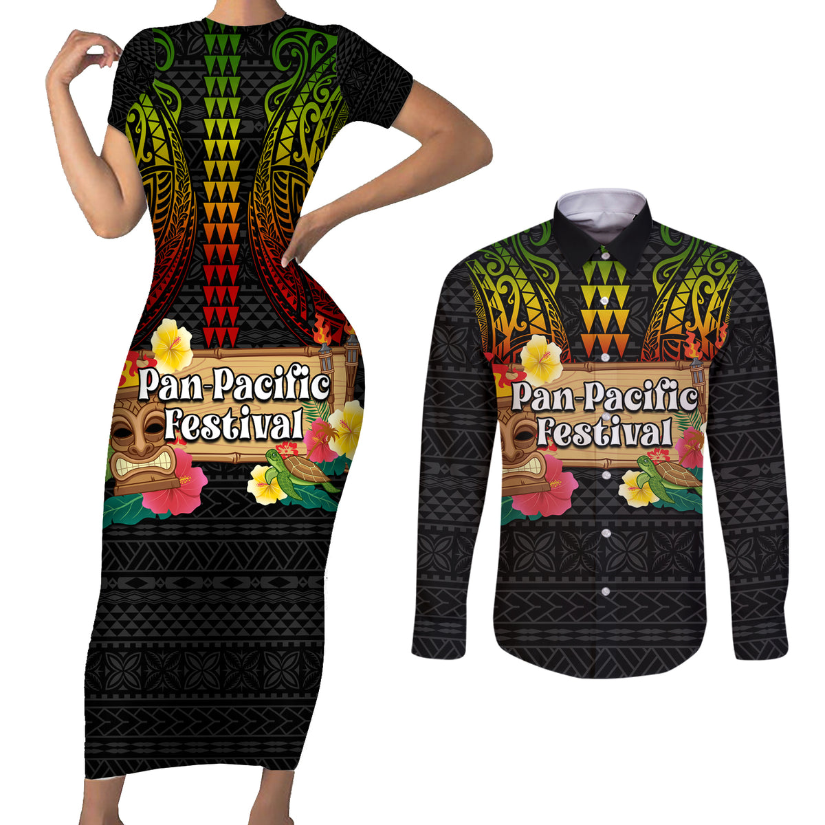 Hawaiian Elements and Polynesian Tattoo Couples Matching Short Sleeve Bodycon Dress and Long Sleeve Button Shirt LT03 Black - Polynesian Pride
