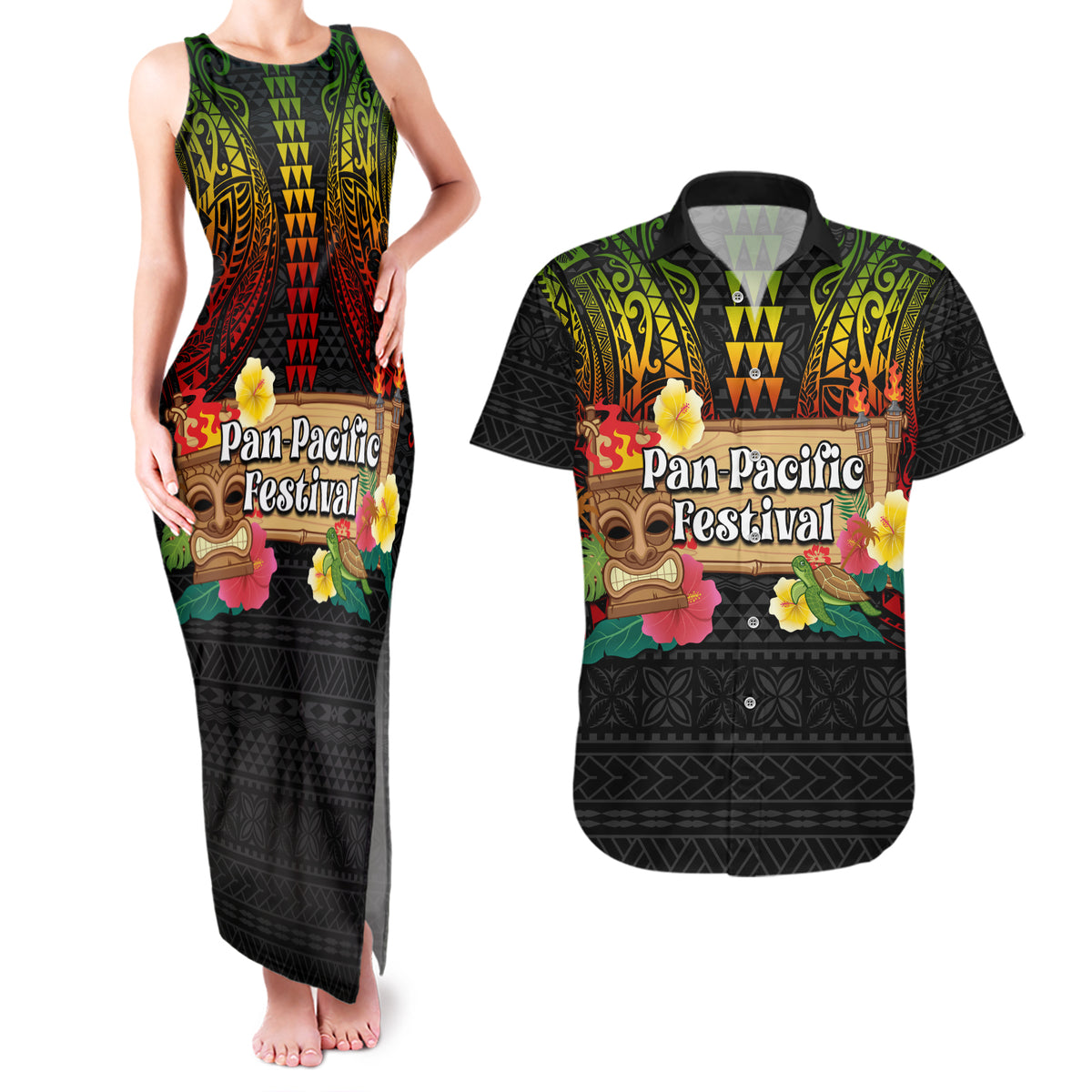 Hawaiian Elements and Polynesian Tattoo Couples Matching Tank Maxi Dress and Hawaiian Shirt LT03 Black - Polynesian Pride
