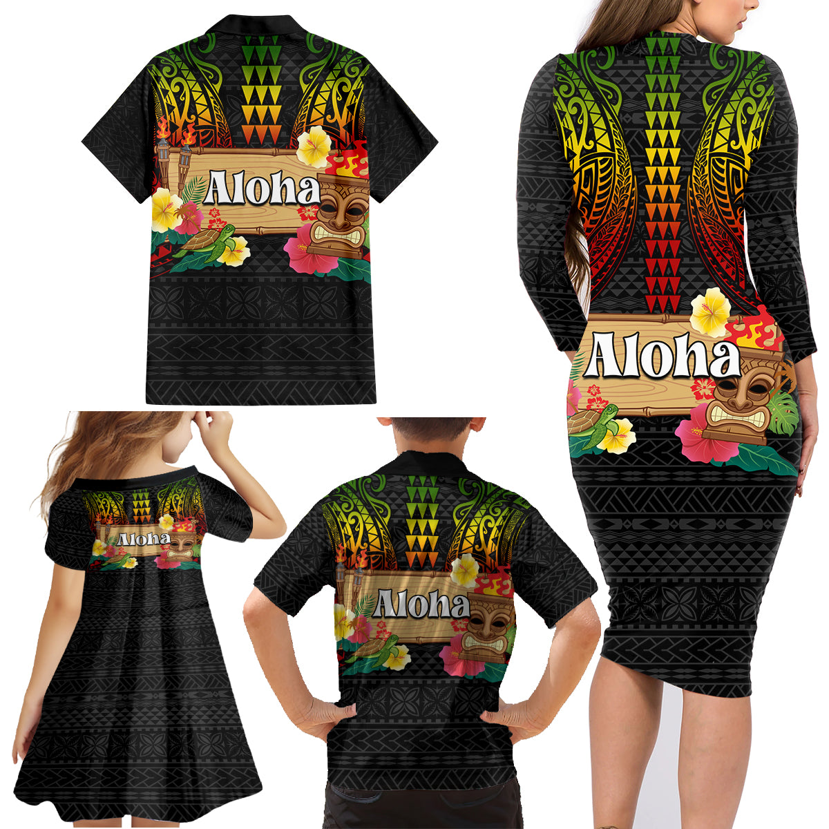 Hawaii Pan-Pacific Festival Family Matching Long Sleeve Bodycon Dress and Hawaiian Shirt Hawaiian Elements and Polynesian Tattoo